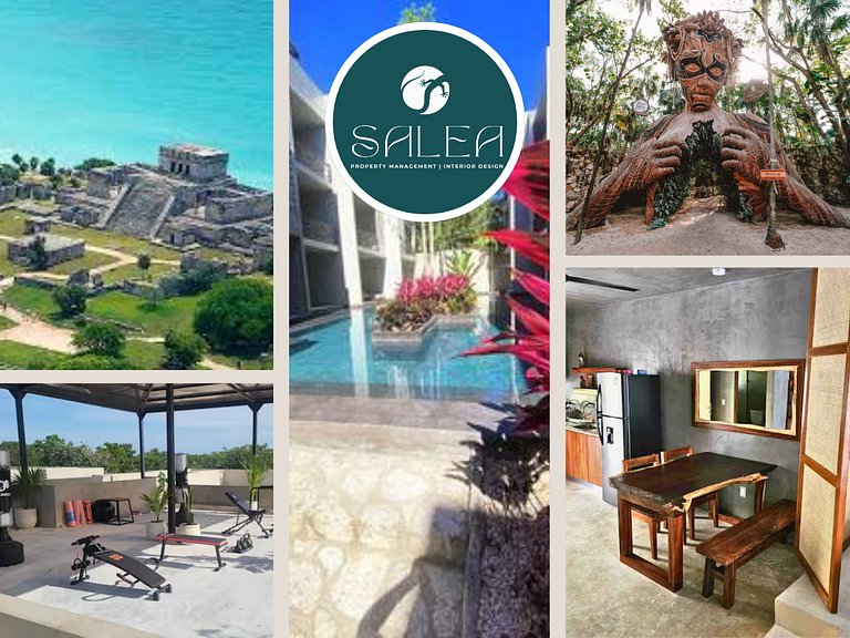 Modern building with rooftop pool, outdoor gym, and padel/pi